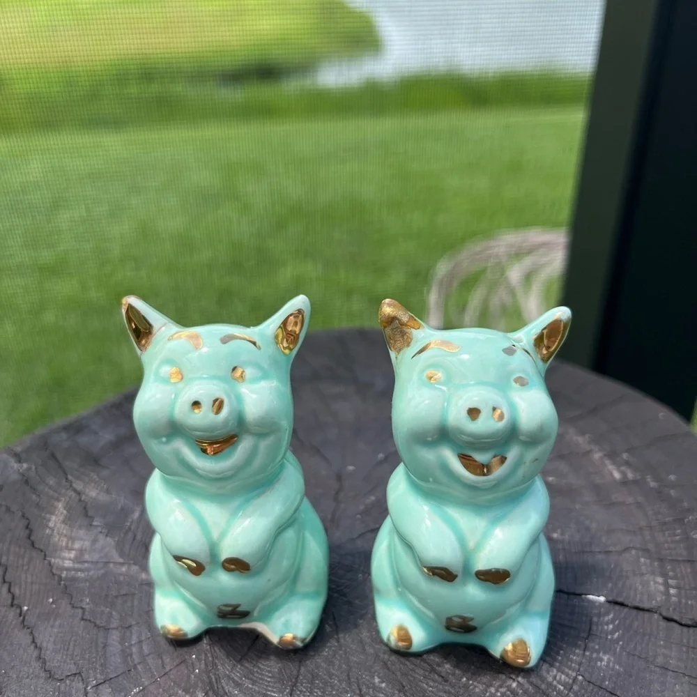 2-Vintage Green Gold Trim Little Pig Salt Shakers - Picture 4 of 12